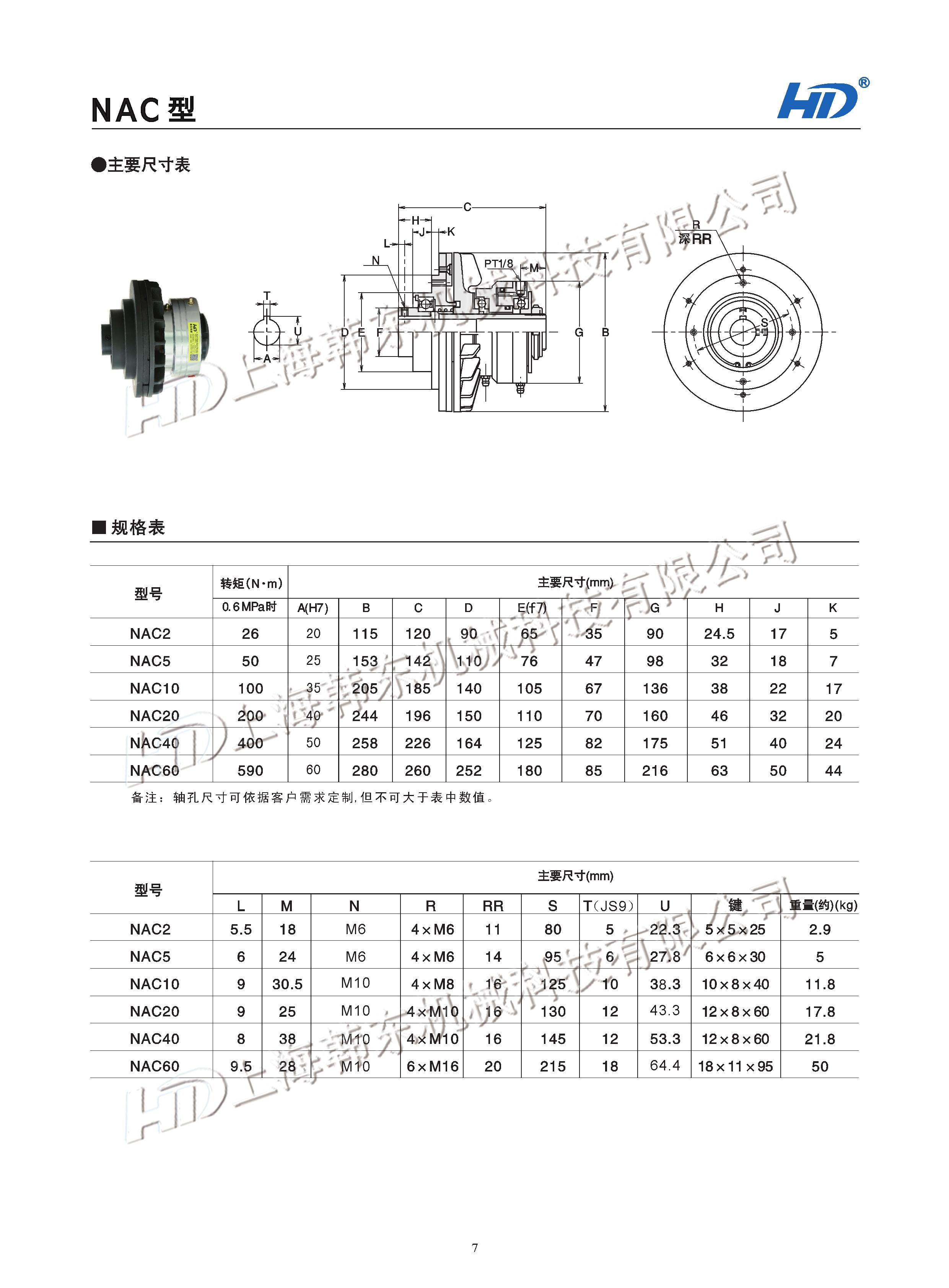 空压通轴式离合器NAC型外形尺寸图 空压通轴式离合器